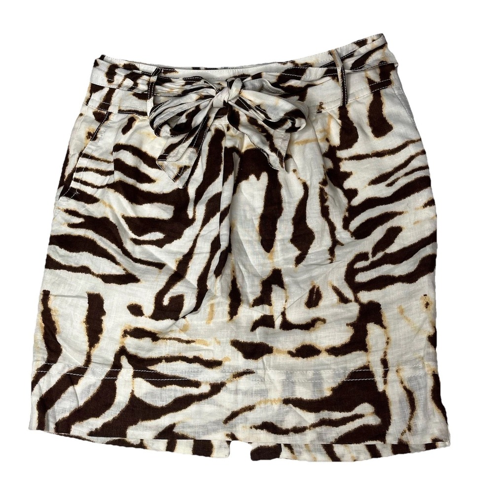 Banana Republic 100% Linen A-Line Animal Print Skirt w/Belt Tie 6